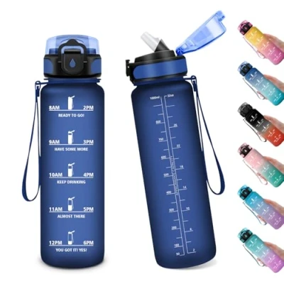 Abbildung von Trinkflasche Sport 1L, mit Strohhalm, Wasserflasche Auslaufsicher Zeitmarkierung, Trinkflaschen Kohlensäure Geeignet, Sportflasche für Fitness, Gym, Schule, Outdoor, Yoga