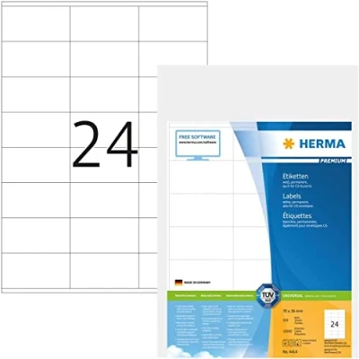 Abbildung von HERMA 4414 Adressetiketten, 500 Blatt, 70 x 36 mm, 24 pro A4 Bogen, 12000 Stück, selbstklebend, bedruckbar, matt, blanko Papier Adressaufkleber Etiketten, weiß