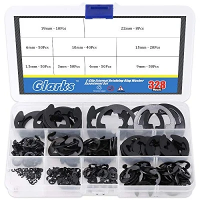 Abbildung von Glarks 328 teiliges Set aus 9 schwarzen Legierung Stahl E Clip Externe Halteschlaufe Unterlegscheiben Sortiments Sortiment