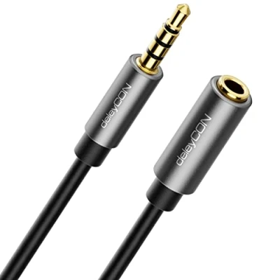 Abbildung von deleyCON 5m Headset Verlängerung CTIA 4 Polig TRRS Mikrofon 3,5mm Klinke Verlängerungskabel Kopfhörer AUX Metallstecker Stereo Audio PC Handy Smartphone Tablet HiFi Receiver