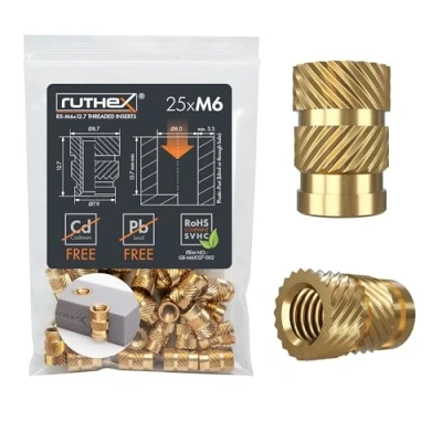 Abbildung von ruthex M6 Gewindeeinsatz 25 Stück RX M6x12.7 Gewindebuchsen aus Messing stabile Einpressmutter für Kunststoffteile durch Wärme oder Ultraschall in 3D Druck Teile Kunststoff einsetzbar