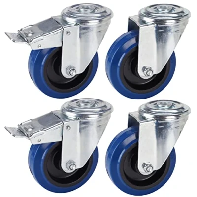 Abbildung von Dörner + Helmer 4er Profi Rollen Set 100 mm, blauer Elastik Vollgummi, Rückenloch, Rollenmix, Tragkraft 450kg/Set