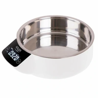 Abbildung von Adler AD 3166 Küchenwaage mit 900 ml Behälter aus Edelstahl, max. Gewicht 5 kg, elektronische Haushaltswaage LCD Display, digitale Waage, Genauigkeit bis zu 1 g, Weiß/Silber, 21 x 19 8 cm
