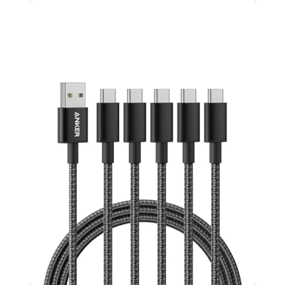 Abbildung von Anker USB C Kabel [5 Stück, 1,8 m] doppelt geflochtenes Nylon Type Ladekabel, für iPhone 16/15, Galaxy S10/S9/S8/Note 10, LG, HTC Sony XZ, Huawei, Smartphone (Schwarz)