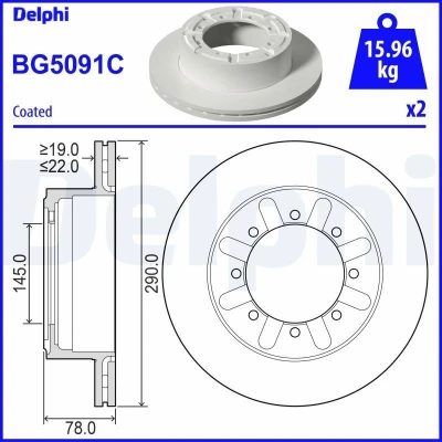 Abbildung von DELPHI BG5091C Bremsscheibe 290 22 8 Belüftet beschichtet unbehandelt ohne Radlager, ABS Sensorring, Lager