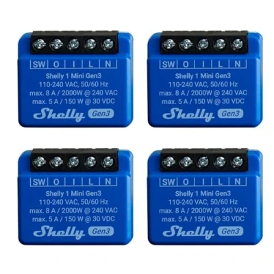 Abbildung von Shelly 1 Mini Gen 3 4er Pack WiFi &amp; Bluetooth Smart Switch Relais Kanal 8A Hausautomation Kompatibel mit Alexa und Google Home iOS Android App Kein Hub erforderlich Trockene Kontakte