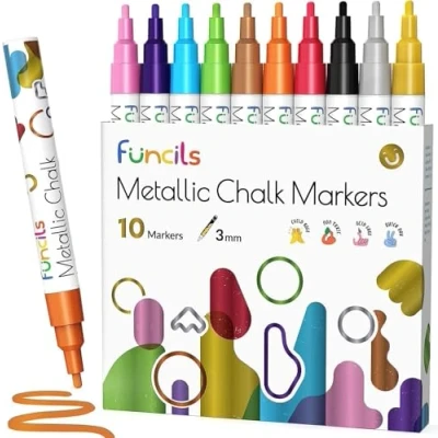 Abbildung von Funcils Kreidestifte für Tafel Abwaschbar 10 Metallic Stifte mit 3mm Umkehrbarer Spitze Kreide Stift Fenster, Tafel, Whiteboard &amp; als Glasstift. Chalk markers Erwachsene Kinder