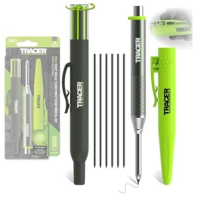 Abbildung von Tracer Pro Series Aluminium Tiefloch Bleistift mit 6 Ersatzminen und dazugehörigen Standort Holstern All in One Bau Markierungs Set