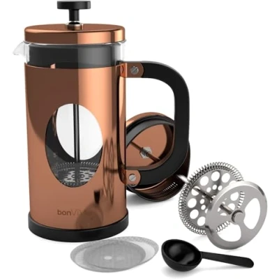 Abbildung von bonVIVO French Press Kaffeebereiter Kupfer 3 Tassen Coffee Maker in Optik Kaffekanne aus Glas m. Edelstahl Filter u. Rahmen Kaffee Presse Geschenke für den Haushalt