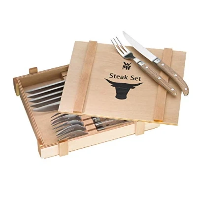 Abbildung von WMF Ranch Steakbesteck 12 teilig, für 6 Personen, Steakgabel, Steakmesser, Spezialklingenstahl geschmiedet, Cromargan Edelstahl mattiert, Eichenholz geölt