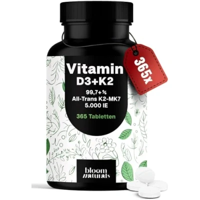 Abbildung von Vitamin D3 K2 5000 IE hochdosiert 365 Tabletten Premium 99,7+% All Trans MK7 produziert in Deutschland