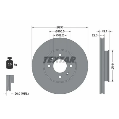 Abbildung von TEXTAR 92304603 Bremsscheibe 256 22 04/06 100 innenbelüftet beschichtet ohne Radbefestigungsbolzen, Radnabe HYUNDAI: i20 II Hatchback