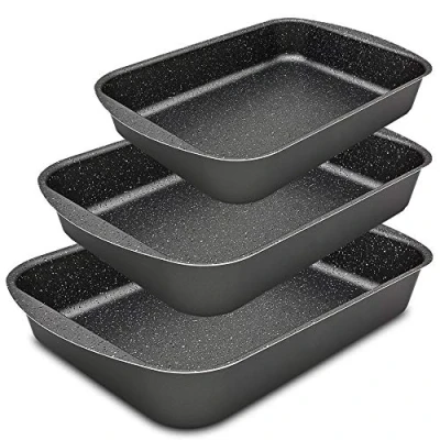 Abbildung von Menax Auflaufform Bräter Backblech mit Antihaftbeschichtung Ofenform Bratform für Lasagne, Hähnchen und Gemüs Set von 3