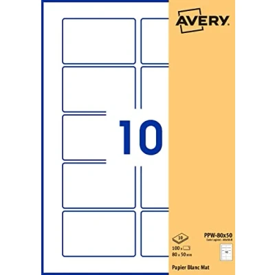 Abbildung von Avery Packung mit 100 selbstklebenden Etiketten, rechteckig, weißes Papier, Format 80 x 50 mm, personalisierbar und bedruckbar Laser, Tintenstrahl Kopierer (PPW 80X50.Fr)