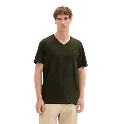 Abbildung von TOM TAILOR Herren Basic T Shirt mit Logo Stickerei,11172 Dark Rosin Green, L