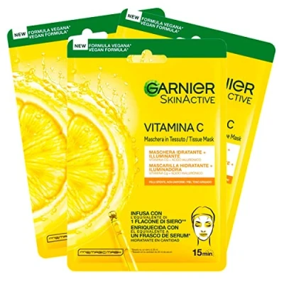 Abbildung von Garnier SkinActive Einweg Gesichtsmaske in Feuchtigkeitsspendender und Leuchtender Folie mit Vitamin C Hyaluronsäure 3 Einwegmasken