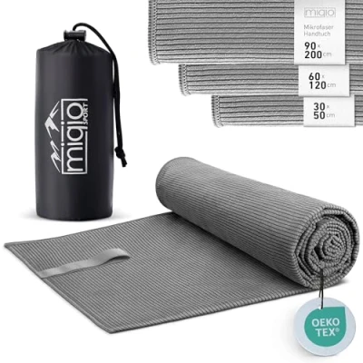 Abbildung von Miqio Sport Mikrofaser Handtuch mit Struktur Ultra leicht und schnelltrocknend 60x120cm vielfältig nutzbar als Reisehandtuch, Strandtuch, Badetuch für Sport, Fitness, Freizeit