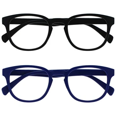 Abbildung von OPULIZE Pop Lesebrille 2er Pack Keck Rund Matt Rahmen Federscharniere Kratzfest Schwarz Blau Herren Damen RR2 13 +1.50