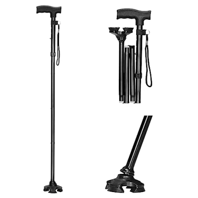 Abbildung von supregear Gehstock Faltbare Gehstock, 5 Stufig Verstellbarer Aluminium Faltstock, Antirutsch Selbststehende 4 Beinige Faltstock für Ältere Behinderte, mit T Griff und schwenkbarem Vierfachfuß