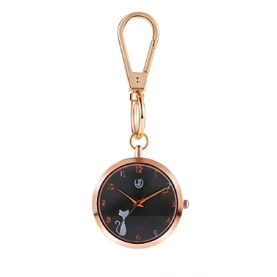 Abbildung von JewelryWe Katze Uhr mit Karabiner Schlüsselanhänger: Damen Karabineruhr süße Cartoon Analog Quarz Taschenuhr Schwarz Rundem Zifferblatt und Rosegold Gehäuse