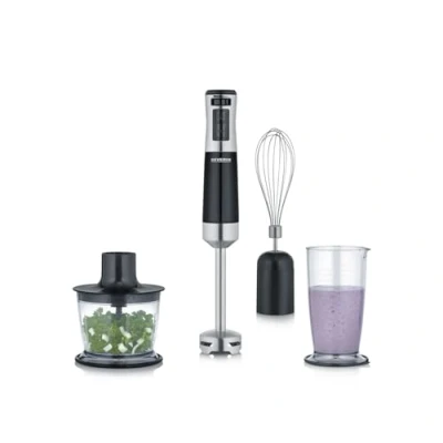 Abbildung von SEVERIN Stabmixer mit Zubehör Set, Mixstab stufenloser Geschwindigkeitseinstellung, Pürierstab, Schneebesen, Multizerkleinerer und Mixbehälter, schwarz/Edelstahl gebürstet, SM 3772