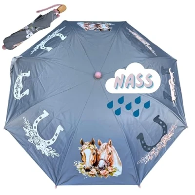 Abbildung von HECKBO Magic &amp; Reflektor Mädchen Regenschirm Perd wechselt bei Regen die Farbe 360 Sichtbarkeit im Straßenverkehr Faltregenschirm: passt in jeden Schulranzen