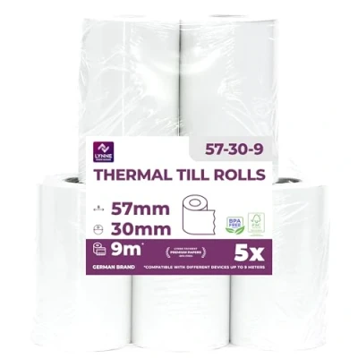 Abbildung von Ec Cash Thermorollen 57mm x 9m 12mm Kassenrollen Thermopapier Bonrollen für Bankomat Kredit Kartenlesegeräte (57x30x12) (5 Rollen)