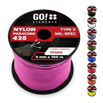 Abbildung von GO!elements 100m Paracord Seil aus reißfestem Nylon 3mm 425 Typ II max. 192kg Schnüre als Outdoor Seil, Allzweckseil, Survival Armband, Hundeleine, Nylonschnur, Farbe:Pink
