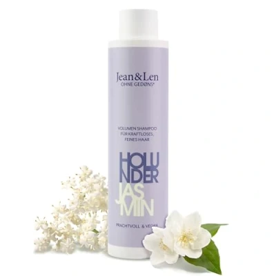 Abbildung von Jean &amp; Len Volumen Shampoo Holunder Jasmin, für kraftloses und feines Haar, verleiht Volumen, fruchtig blumiger Duft, ohne Parabene Silikone, vegan, 300 ml