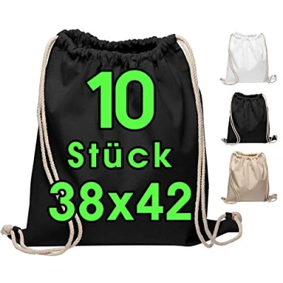 Abbildung von Baumwollbeutel 10 Stück 38x42cm Sportbeutel Rucksack Stofftasche Turnbeutel Bag, Beutel, Baumwollbeutel, Jutebeutel OEKO TEX® zertifiziert Stoffbeutel Einkaufsbeutel Gym Sac Sack zum bemalen Schwarz