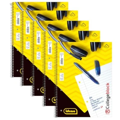 Abbildung von Idena 90366 5 Stück Collegeblock A4 mit 80 Blatt liniert und Doppelrand, Block Spiralbindung, 70g/m² Papier 4 fach gelocht perforiert