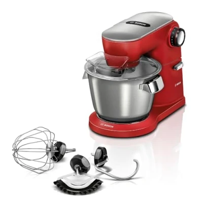 Abbildung von Bosch Küchenmaschine OptiMUM MUM9A66R00, Edelstahl Schüssel 5,5 L, Planetenrührwerk, Profi Knethaken, Schnee , Silikonbesen, 7 Arbeitsstufen, 1600 W, rot