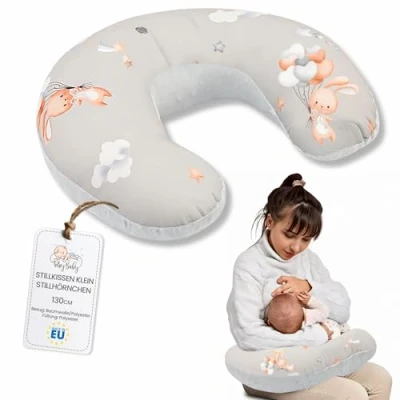 Abbildung von Totsy Baby Stillkissen klein Mond Minky 130 cm Nursing und Breastfeeding Pillow Stillmond Stützkissen Stillhörnchen kleines Still Kissen Lagerungskissen beim Stillen Oeko Tex Kaninchen