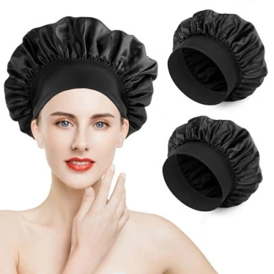 Abbildung von Romon Satin Haarhaube, 2 Stück Schlafhaube Seide Schlafmütze Bonnet Nacht Schlaf Mütze Verstellbare Schlafkappe Kopfbedeckung Weiche Kopfhaube mit Gummizug für Damen und Mädchen