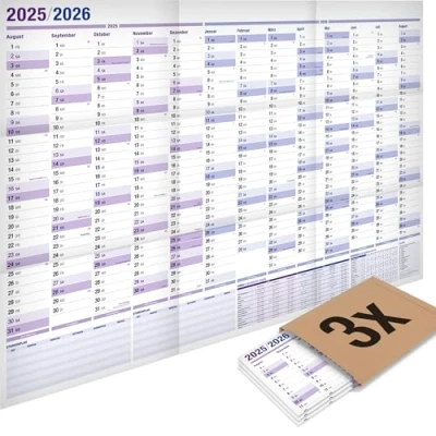Abbildung von 3er Pack: Yohmoe® XXL Wandkalender 2025 2026 im Format 98x68 cm, gefalzt. Ideal als Jahresplaner 2025/26 oder Schuljahreskalender 2025/2026 Wand