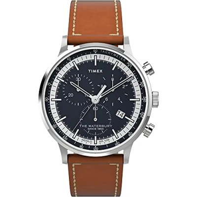 Abbildung von Timex Herren Waterbury Classic Chrono 40mm Edelstahl Quarz Kleid Uhr mit Lederarmband, Braun, 20 TW2V30800