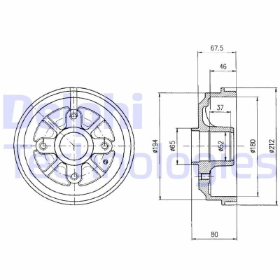 Abbildung von DELPHI BF324 Bremstrommel ohne ABS Sensorring, Radlager 212 PEUGEOT: 206 Hatchback, 206+ CITROËN: Saxo Hatchback