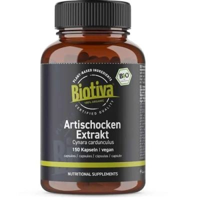 Abbildung von Artischocken Extrakt Bio 150 Kapseln aus frischen Artischockenblättern hochdosiert mit 10 20:1 Ratio mindestens 25% Cynari Abgefüllt in Deutschland vegan Biotiva