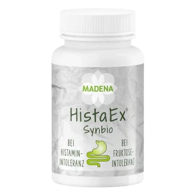Abbildung von MADENA HistaEx Synbio Milchsäurebakterien und Bifidobaktieren bei Histaminintoleranz Fruktoseintoleranz 60 Kapseln + 2 lösliche Ballaststoffe, Tagesdosierung von 20 Mrd. Keimen