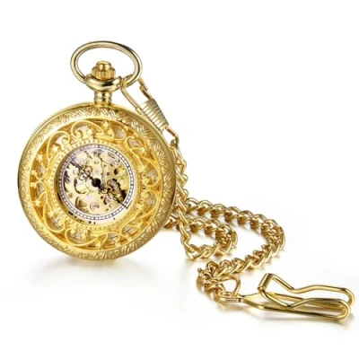 Abbildung von JewelryWe Taschenuhr Gold Automatik Uhr: Vintage Hohle Geschnitzte Muster Automatische Mechanische Kettenuhr Römische Ziffern Skelett Uhr mit Kette Taillenkette Geschenk für Herren Damen