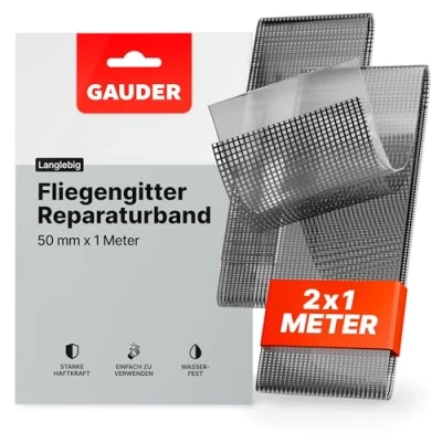 Abbildung von GAUDER Fliegengitter Reparatur Klebeband Insektenschutz Set aus Glasfaser selbstklebend Reparaturpflaster für Tür und Fenster (2 Stück je 1 m x 50 mm schwarz)