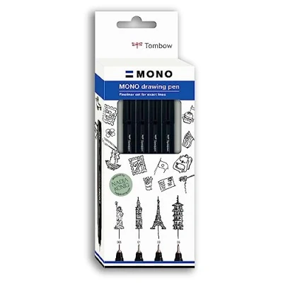 Abbildung von Tombow Fineliner MONO drawing pen, Fine Set, Pigmenttinte, Wasser und Lichtresistent, zum Illustrieren Zeichnen, Schwarz, 4er WS EFL H F 4P