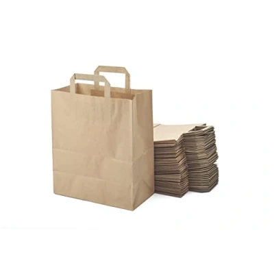 Abbildung von 50 braune Papiertragetaschen mit flachen Griffen robust für Einkäufe Geschenkverpackung Geburtstag, Party, Hochzeit (25 x 14 + 30 cm)