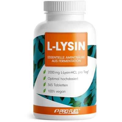 Abbildung von L Lysin Tabletten 365x optimal hochdosiert mit 2000 mg HCL pro Tag, davon 1600 reines essentielle Aminosäure aus Fermentation 100% vegan laborgeprüft Zertifikat