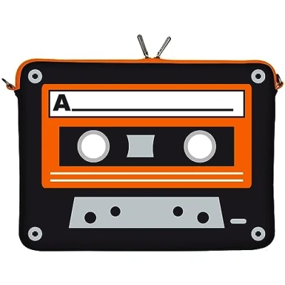 Abbildung von Digittrade LS132 10 Old School Designer Laptop Neopren Schutzhülle Zoll Netbook Tasche 9,7 bis 10,5 (26,67 cm) Kassette Musik Retro schwarz orange