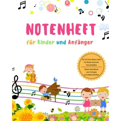 Abbildung von Notenheft für Kinder und Anfänger Din A4 Schul Noten Hefte Musik Unterricht Hausaufgaben Blanko Notenblock zum Eintragen Selberschreiben