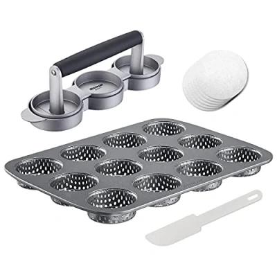 Abbildung von Westmark Burger Set, 4tlg., Mini Hamburgermaker + Papier (100x) 12er Brötchen Backform Schaber/Kuchenlöser, Kunststoff/Stahl/Aluminium/Papier, Anthrazit/Weiß/Silber/Schwarz, 622322E7