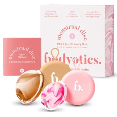 Abbildung von Bodyotics Wiederverwendbare Menstruationsscheibe, bis zu 12 Stunden tragbar, Alternative Menstruationstassen, Tampons und Binden auslaufsicher kleine große Größen (Beige Hellrosa)