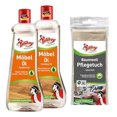 Abbildung von POLIBOY Möbel Öl Nährendes Holzpflegemittel für Holzmöbel Farbloses Holzöl 2x 500 ml Mit Baumwolltuch Made in Germany