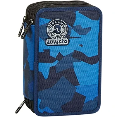 Abbildung von Invicta Federmäppchen, Mäppchen, mehrfarbig, Federtasche für Schreibwaren, Etui mit Stiften, Kugelschreiber, &amp; mehr, 3 Fächer, Mädchen Jungen, Schule Grundschule, XXL CAMO SQUARED blau